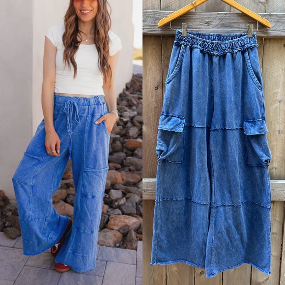 J HER Pants - J Her wide leg blue mineral washed cargo sweat lounge cotton pants small medium